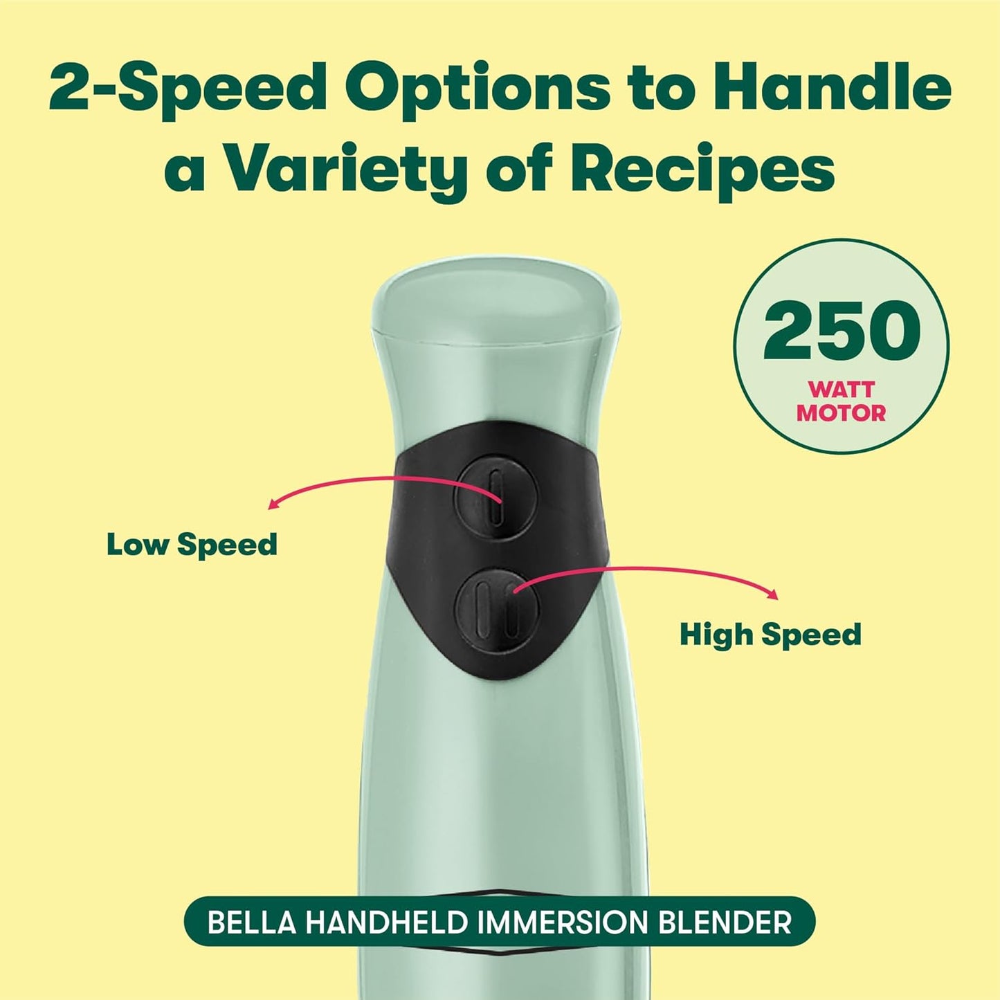 BELLA Immersion Hand Blender, Portable Mixer with Whisk Attachment - Electric Handheld Juicer, Shakes, Baby Food and Smoothie Maker, Stainless Steel, Black