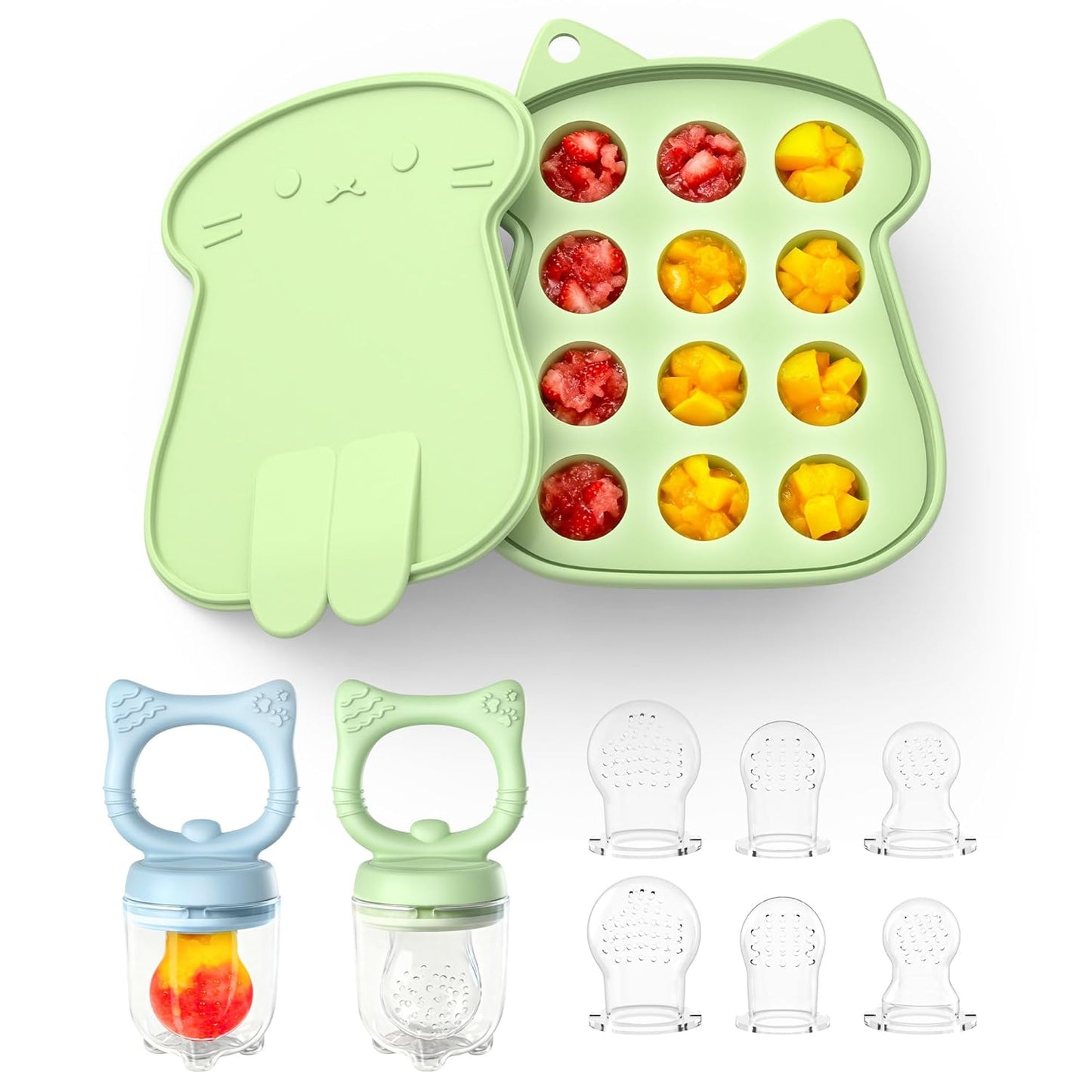 Silicone Baby Fruit Food Feeder (2 Pack) with Freezer Nibble Tray, Breastmilk Popsicle Molds for Baby Teething Relief, Feeder for Safe Infant Self Feeding, BPA Free, Dishwasher Safe, 3 Month+ Pink
