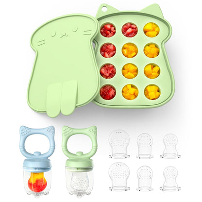 Silicone Baby Fruit Food Feeder (2 Pack) with Freezer Nibble Tray, Breastmilk Popsicle Molds for Baby Teething Relief, Feeder for Safe Infant Self Feeding, BPA Free, Dishwasher Safe, 3 Month+ Pink