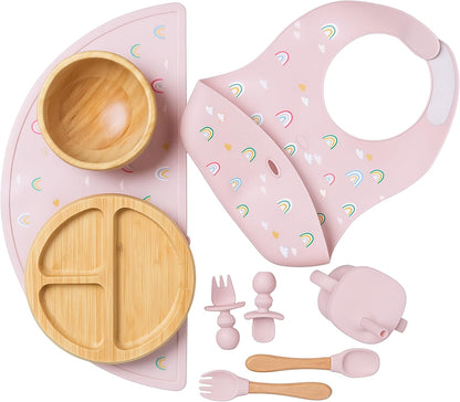 Bamboo & Silicone Baby Feeding Set 8 PCS | Baby Led Weaning Supplies Self Feeding | Divided Suction Plate Bowl Bib Sippy Cup with Straw Utensils Baby Bowls and Spoons Toddler Feeding Set (Yellow)