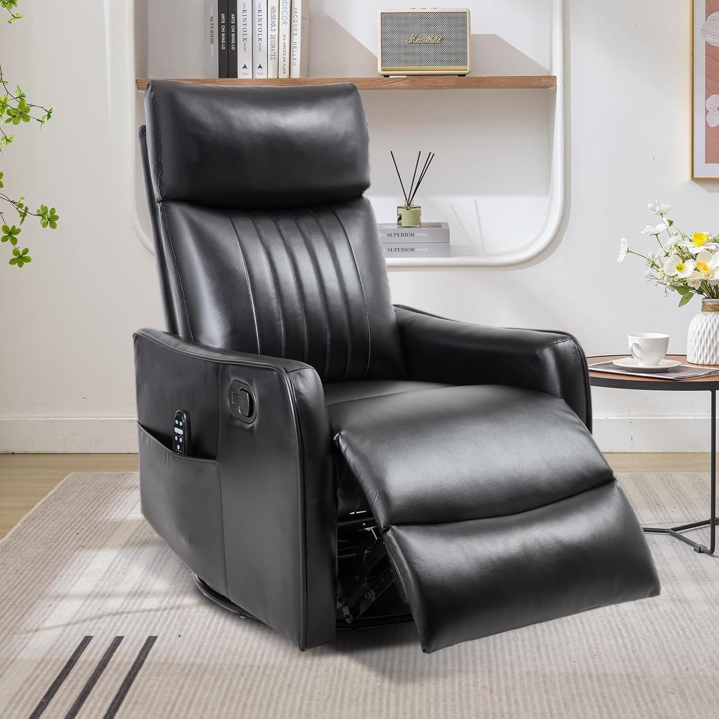 Trustyue Swivel Rocker Recliner Chair, 360° Swivel Recliner with Heat and Massage, Rocker Recliner Nursery Glider Chair with Side Pockets for Living Room (Beige, Fabric)
