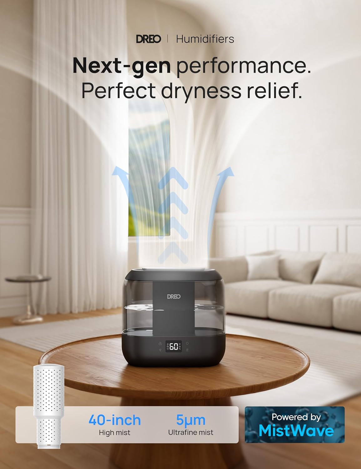 Dreo Smart Humidifiers for Bedroom, Top Fill 4L Supersized Humidifier Large Room with 28 dB, 36H Runtime, Touch/APP/Voice Control, Nightlight, Cool Mist Humidifiers for Baby, Plants, Indoor, Black