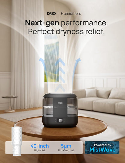 Dreo Smart Humidifiers for Bedroom, Top Fill 4L Supersized Humidifier Large Room with 28 dB, 36H Runtime, Touch/APP/Voice Control, Nightlight, Cool Mist Humidifiers for Baby, Plants, Indoor, Black