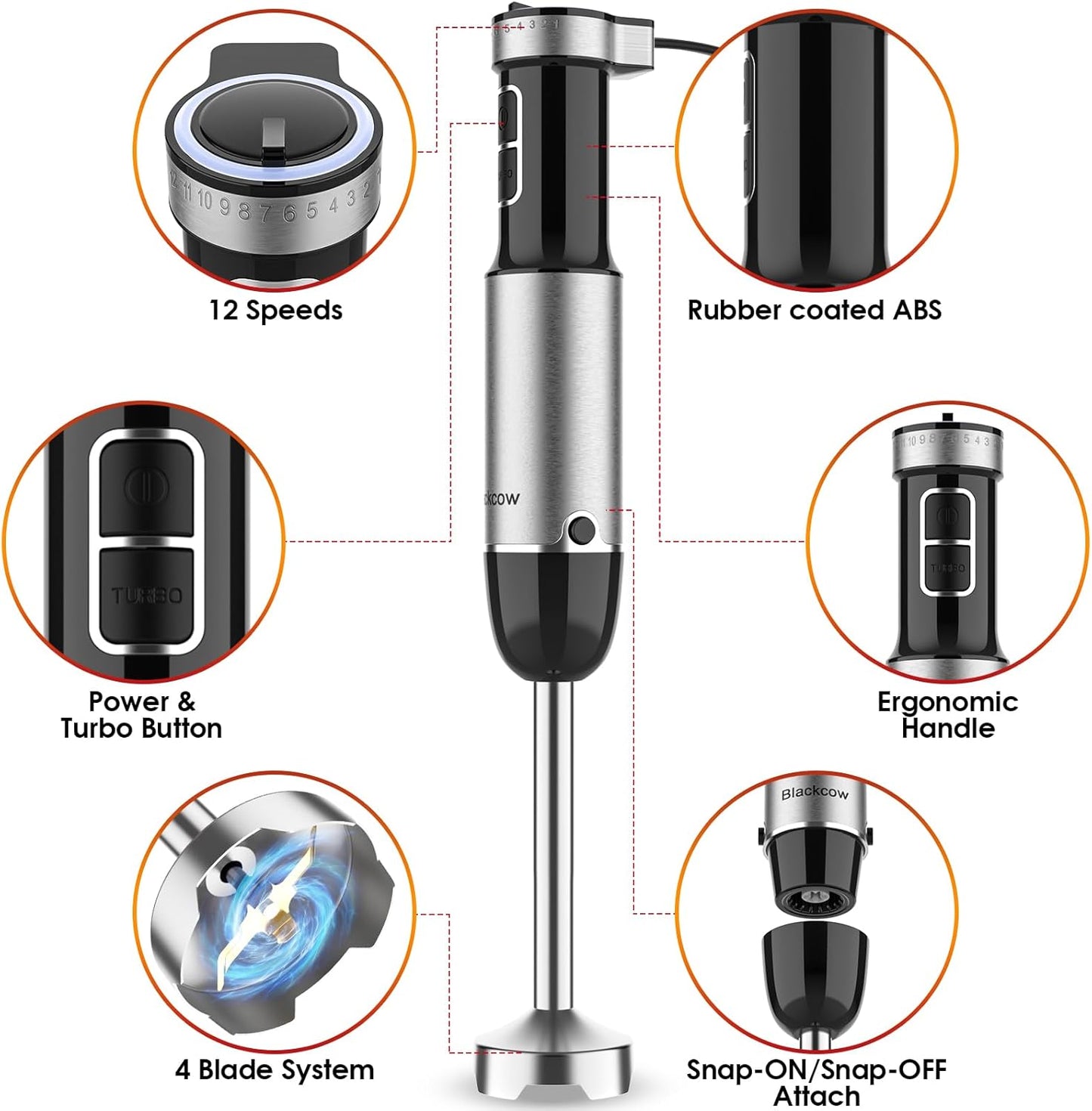 Blackcow Immersion Blender Handheld, 800W Powerful Electric Hand Blender with Titanium Alloy Blades, 12 Speeds & Turbo, Electric Hand Mixer for Smoothies, Soups, Baby Food and Purees