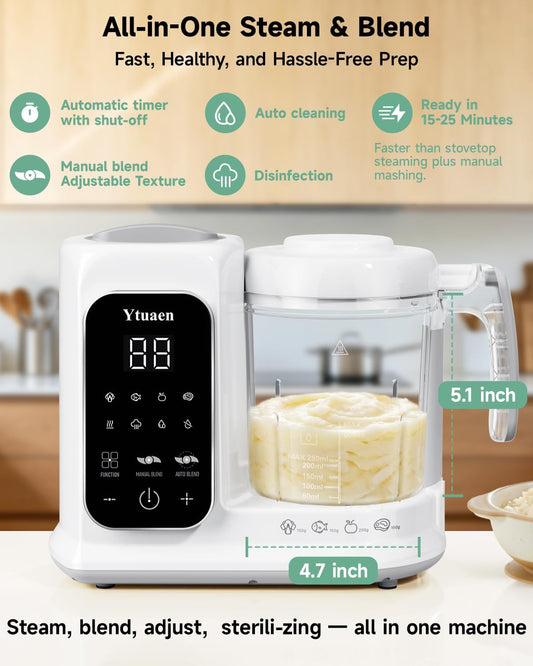 Baby Food Maker, One Step Baby Food Processor Steamer with Steam Basket Puree Blender Grinder Safty Lock, Auto Cooking Grinding Self-Cleaning & Sterili-zing for Healthy Homemade Baby Food, BPA-Free
