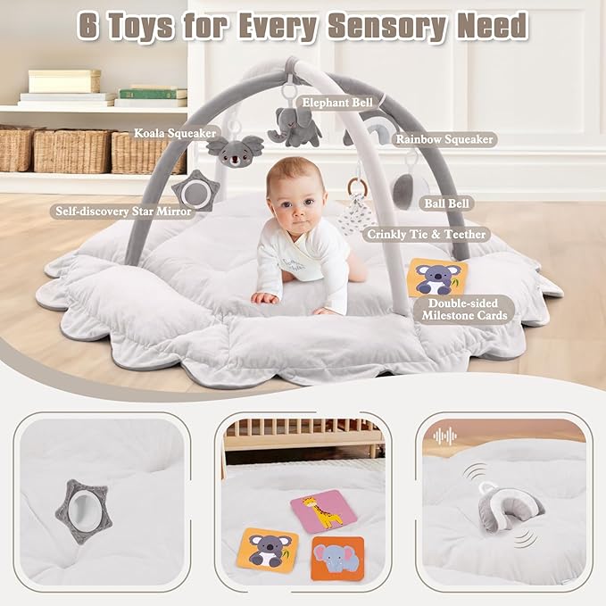 5-in-1 Plush Baby Play Gym, Activity Mat with Convertible Gym, Baby Gym 6 Sensory Toys, Play Center for Newborn to Toddler, Grey