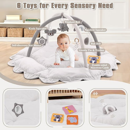 5-in-1 Plush Baby Play Gym, Activity Mat with Convertible Gym, Baby Gym 6 Sensory Toys, Play Center for Newborn to Toddler, Grey