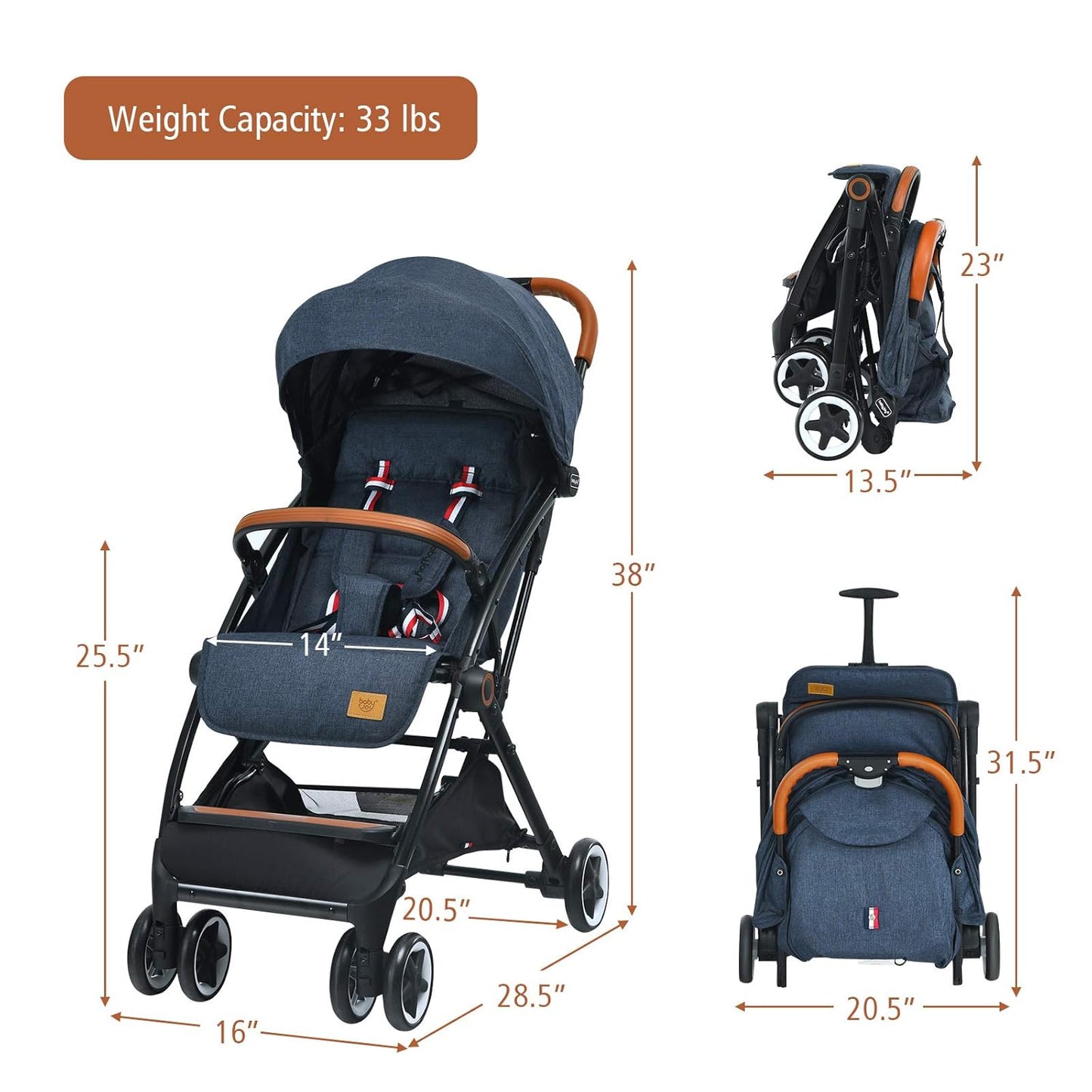 BABY JOY Lightweight Baby Stroller, Compact Toddler Travel Stroller for Airplane, Infant Stroller w/ 5-Point Harness, Adjustable Backrest/Footrest/Canopy, Storage Basket, Easy One-Hand Fold, Beige