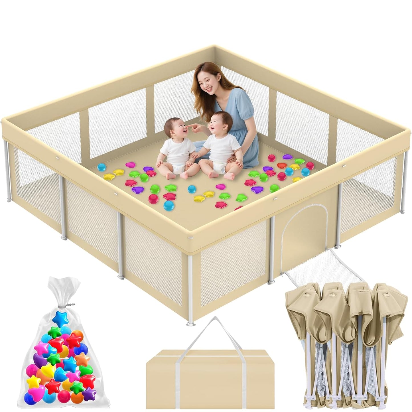 Foldable Large Playpen for Babies and Toddlers, 71"×71" Portable Playard with Carry Bag & 150 Ocean Balls, Indoor & Outdoor Baby Fence with Thick Mesh, No Assembly Required, Mat Not Included, Beige