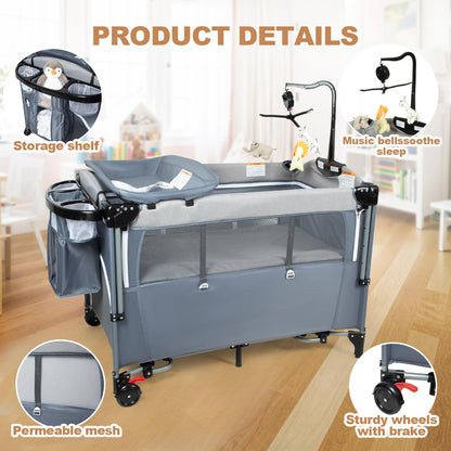 5-in-1 Pack and Play Portable Crib for Baby,Multifunction Bedside Crib from Newborn to Toddlers,U-Shaped Diaper Changer,Playard,Safety Strap,Carry Bag