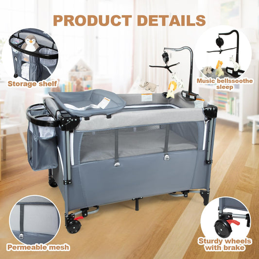 5-in-1 Pack and Play Portable Crib for Baby,Multifunction Bedside Crib from Newborn to Toddlers,U-Shaped Diaper Changer,Playard,Safety Strap,Carry Bag