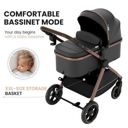 Accombe 2 in 1 Baby Stroller, Convertible Bassinet Pushchair for Infants and Newborns 0-36 Months