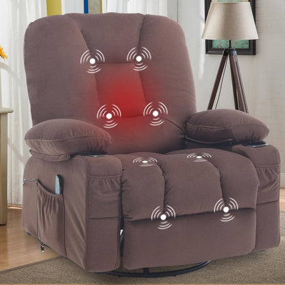 Rocker Recliner Chair with Massage and Heat, Oversized Rocking Nursery Recliners Overstuffed Swivel Glider with Cup Holder, Fabric Manual Single Sofa for Living Room, Beige