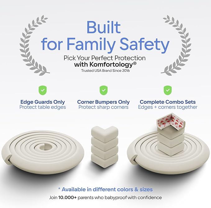 Furniture Edge 16.2ft & Corner Guards | Protective Foam Cushion | 15ft Bumper 4 Adhesive Childsafe Corners | Baby Proofing Foam Set and Safe for Table, Fireplace, Countertop | Brown