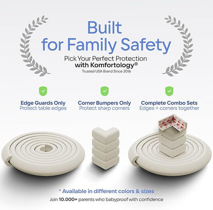 Furniture Edge 16.2ft & Corner Guards | Protective Foam Cushion | 15ft Bumper 4 Adhesive Childsafe Corners | Baby Proofing Foam Set and Safe for Table, Fireplace, Countertop | Brown