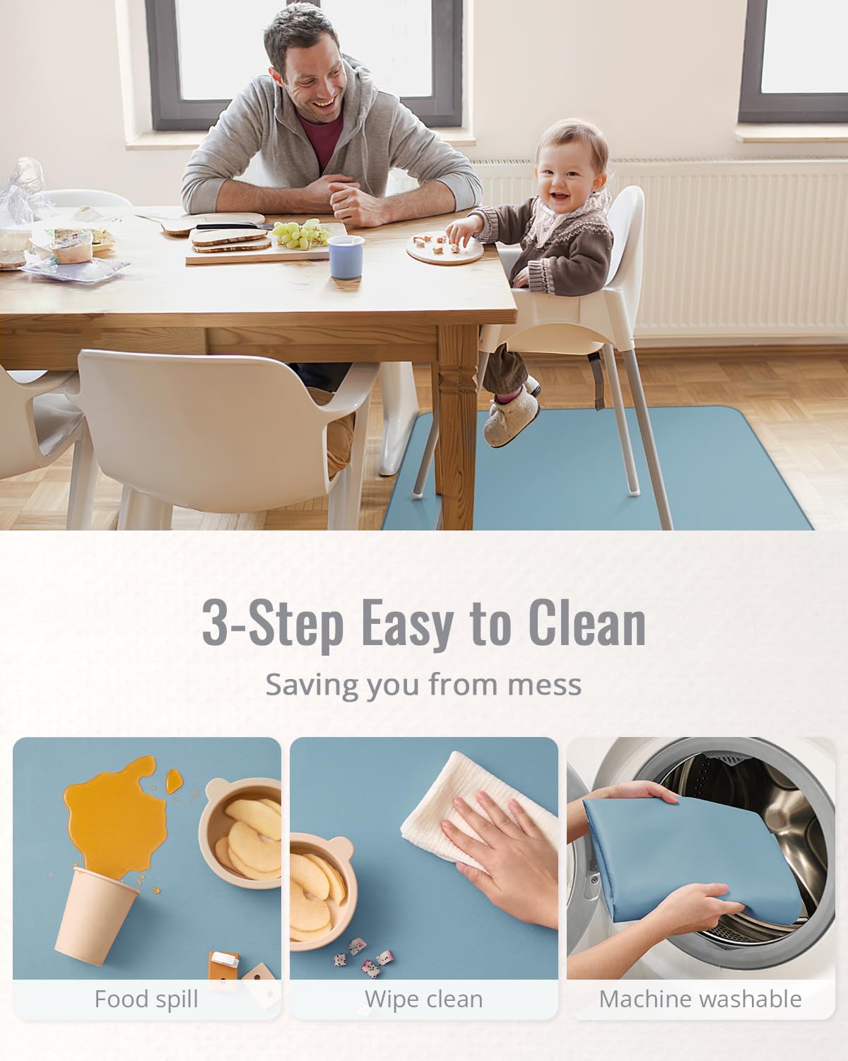 Blissful Diary Baby Splat Mat for Under High Chair, 50.4 x 50.4 Inch Wipeable Splash Mat, Waterproof and Washable, Anti-Slip Floor Protector, Retro Rainbow