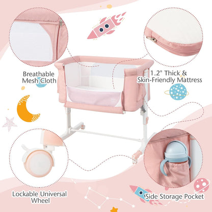 BABY JOY Bassinet Bedside Sleeper, 3 in 1 Folding Crib w/Adjustable Height, Mattress, Lockable Wheels, Storage Pocket & Carry Bag for Infant Newborn, Stationary & Rock, Portable Baby Bassinet (Grey)