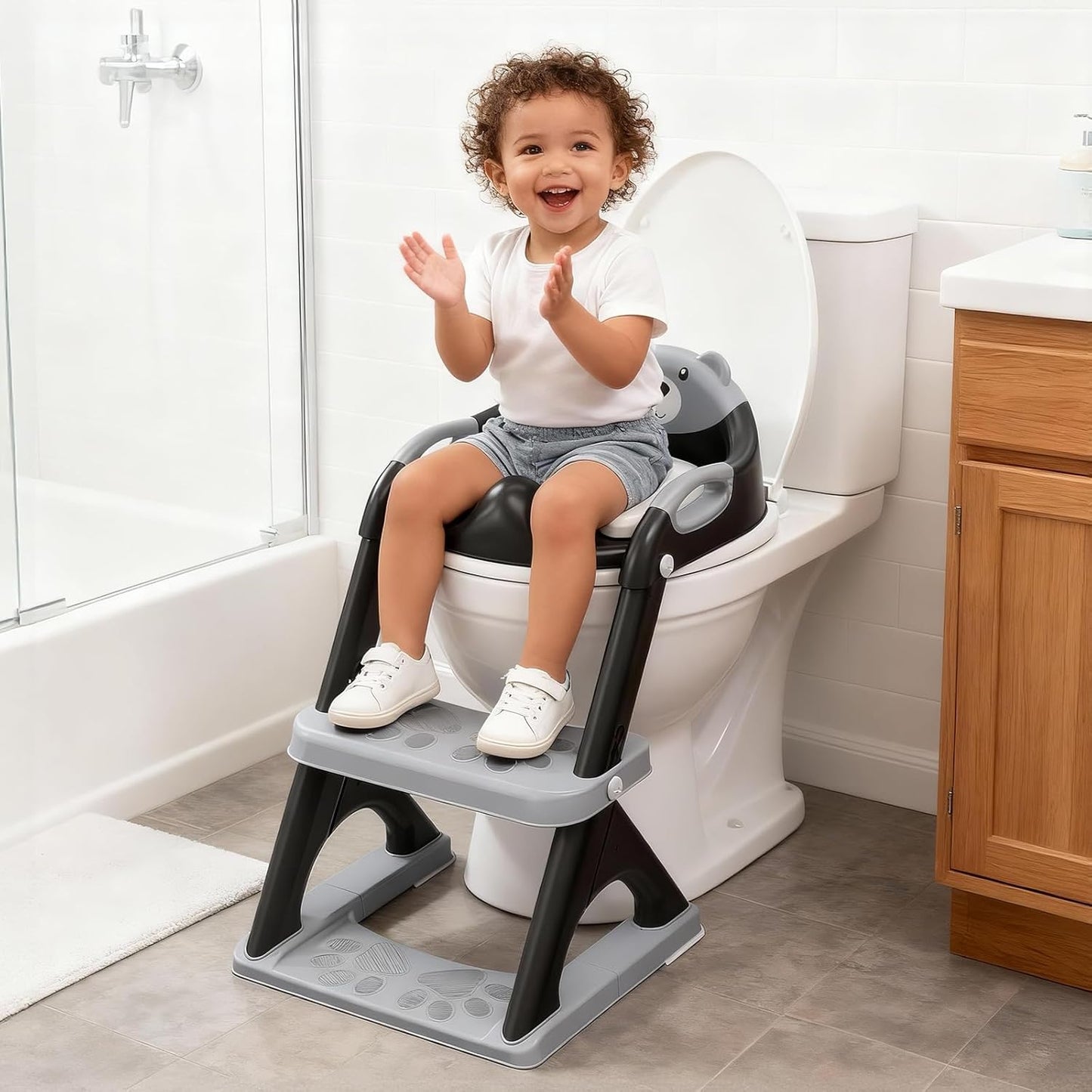 Potty Training Seat, SKYROKU Upgrade Toddler Toilet Seat for Kids Boys Girls, 2 in 1 Potty Training Toilet, Splash Guard Anti-Slip Pad Step Stool,New Sector-Shape Stabilized Base (8899+Grey)