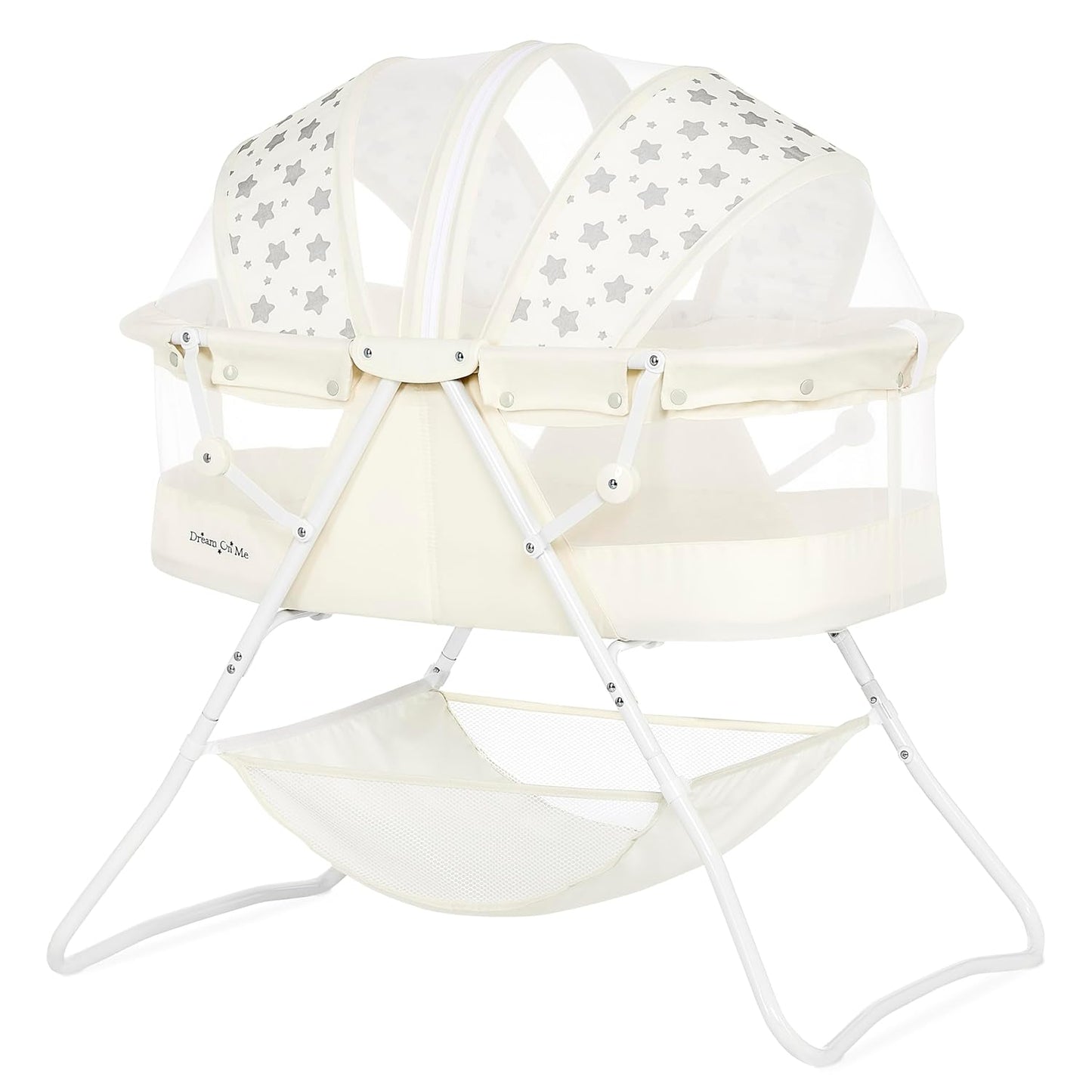 Dream On Me Karley Bassinet, Award Winner Lightweight Travel Baby Bassinet, Foldable Bedside Sleeper, Adjustable Double Canopy, Spacious Design, Soft Fabric, Storage Basket – Blue and Grey