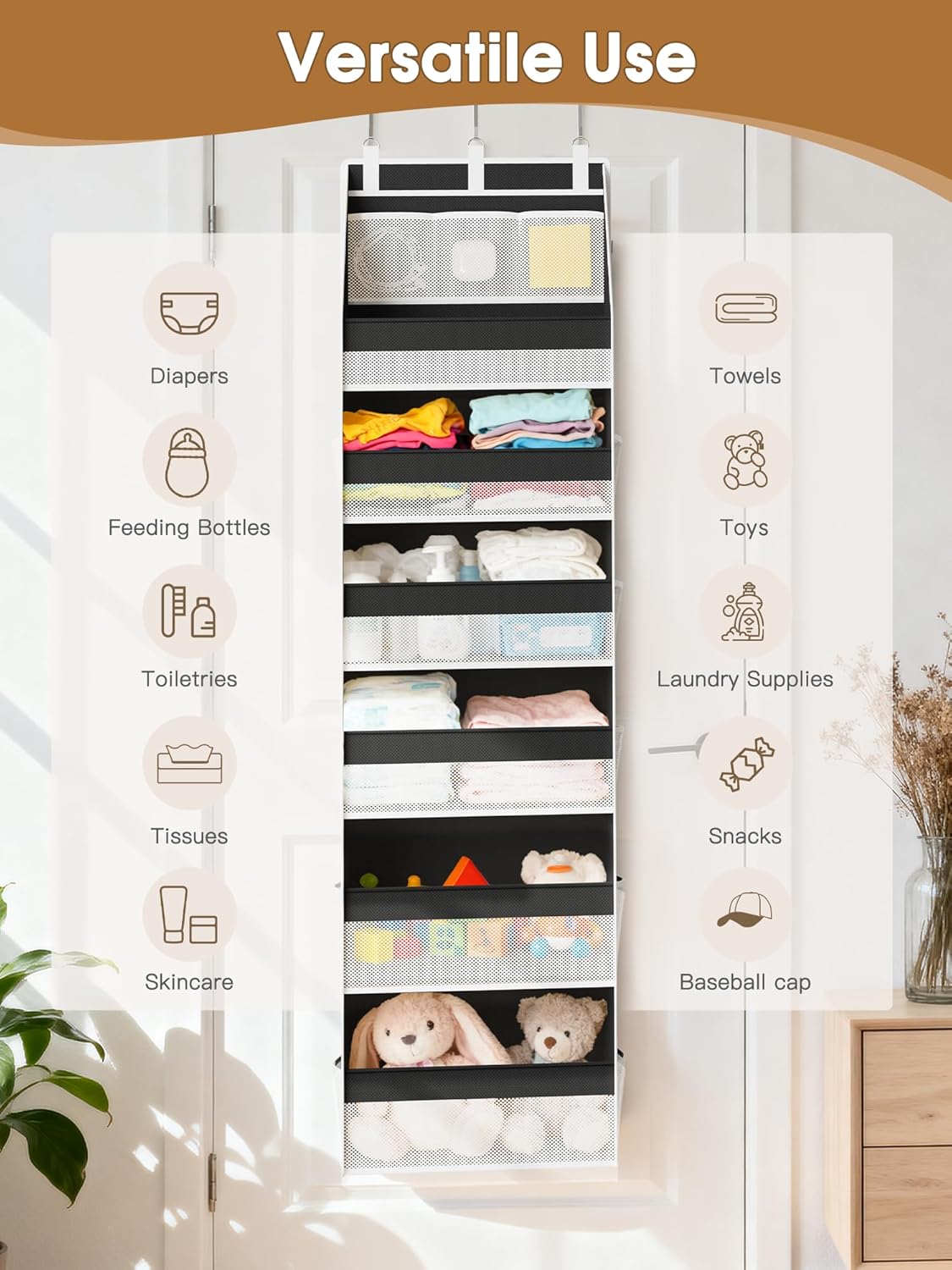 Criusia Over the Door Organizer, 6-Shelf Closet Hanging Storage with 13 Mesh Pockets, 55lbs Capacity Behind the Door Storage for Baby Nursery, Bathroom, Bedroom, and Dorm, Beige
