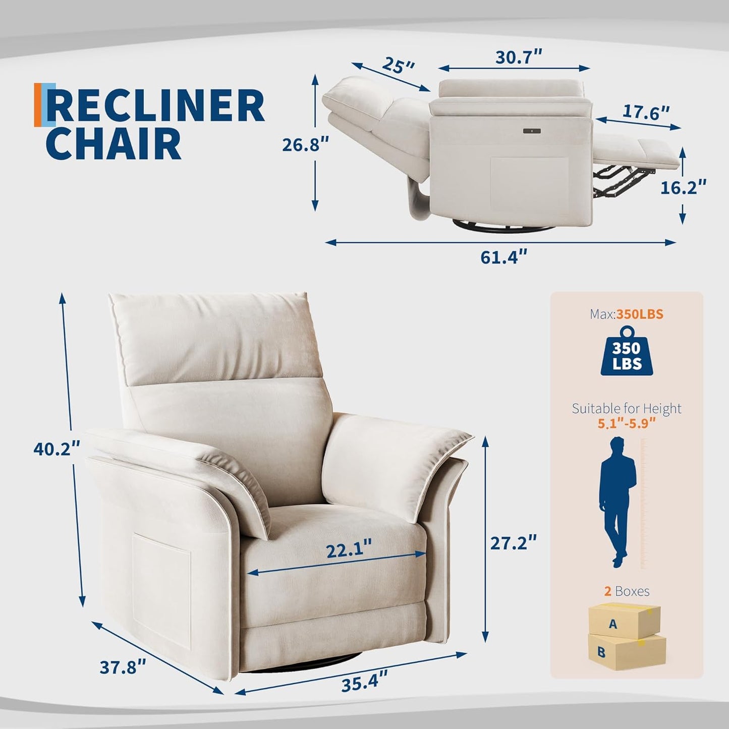 Power Recliner Chair, 270° Swivel Rocking Glider with USB Charging Port, PU Leather Upholstered Fabric and Button Tufted Backrest, Ergonomic Nursery Chair for Living Room (Beige)