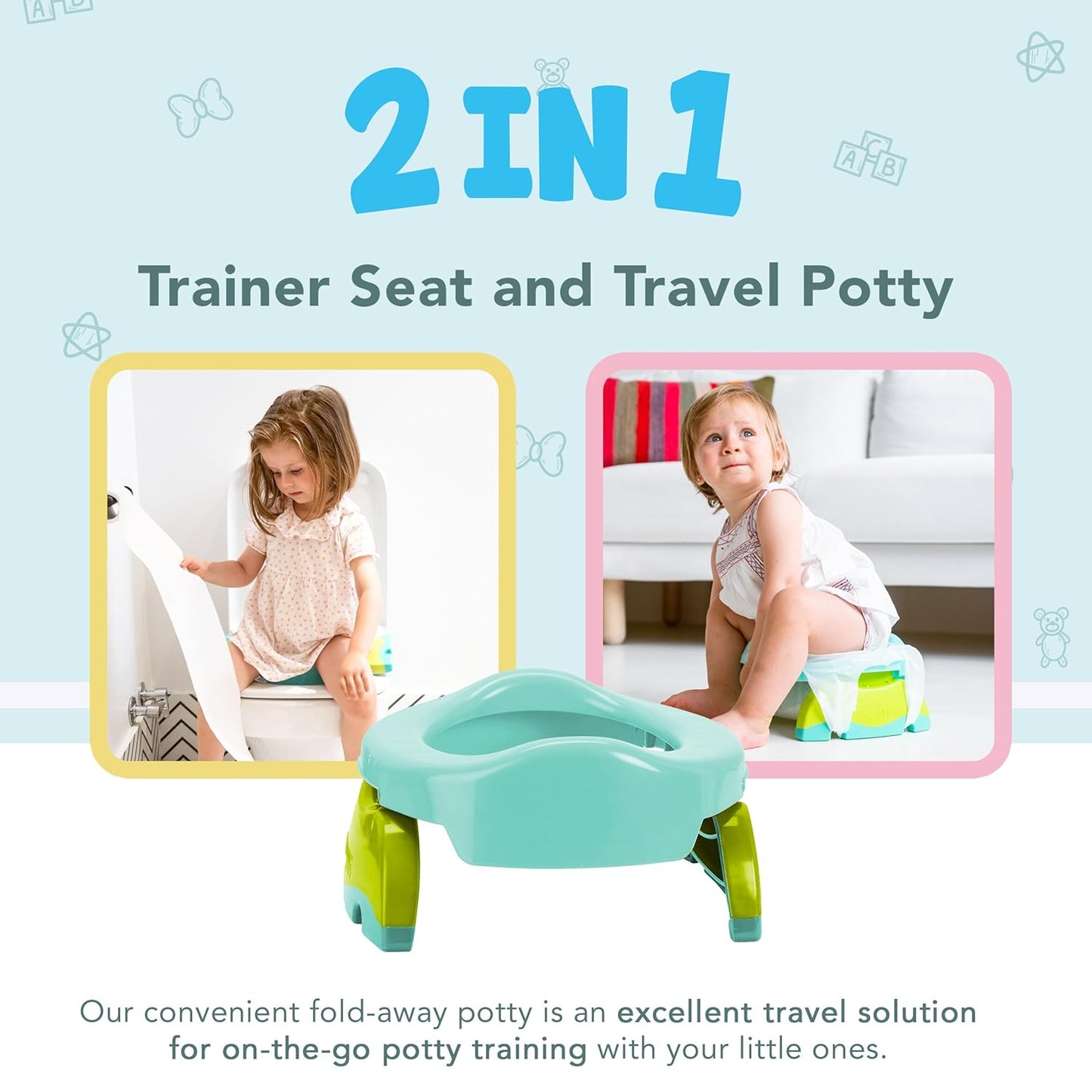 Kalencom Potette Plus 2-in-1 Travel Potty and Trainer Seat - Dual-Purpose Potty Training Toilet Seat - Portable Potty for Toddler Travel - with Durable, Lock-in Legs and Splash Guard - Pastel Mint