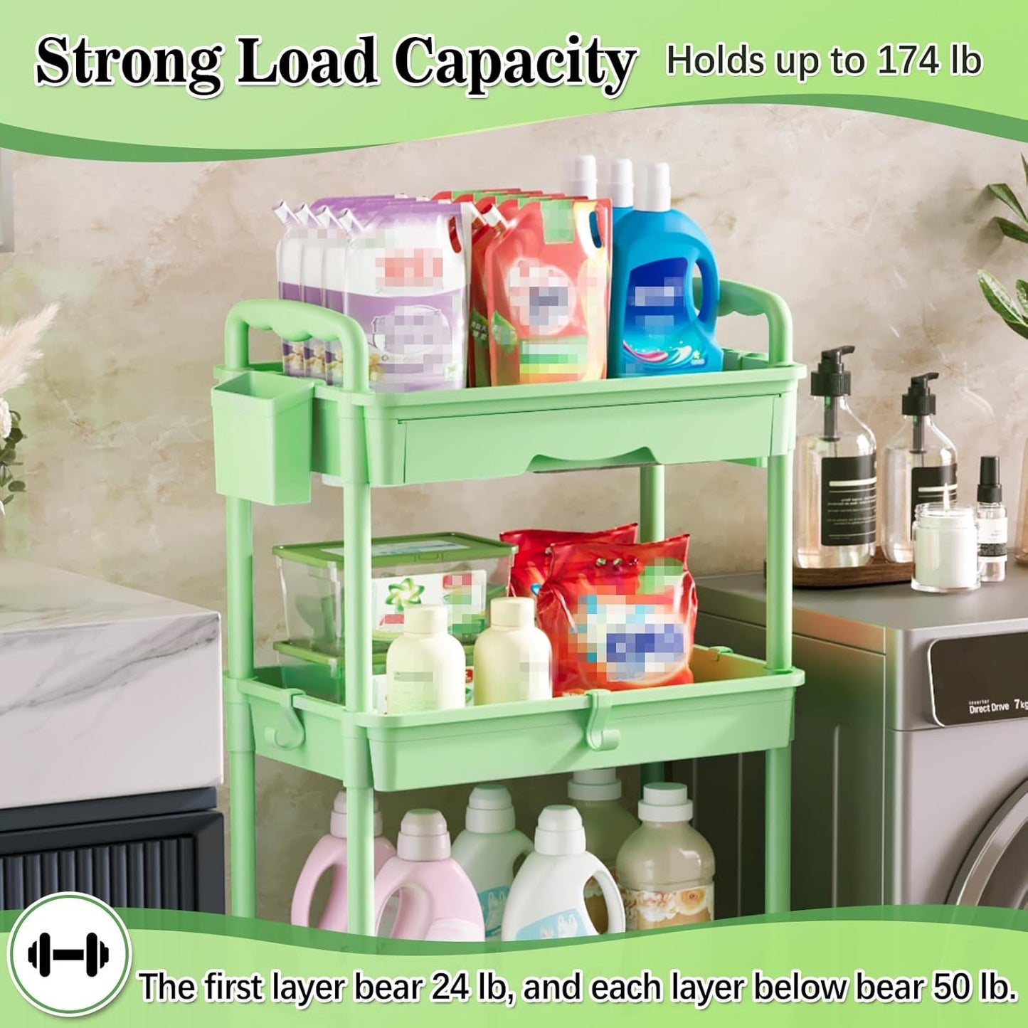 SUNALLY 3 Tier Rolling Cart with Drawer, Bathroom Storage Organizer with 2 Lockable Wheels, Multifunctional Rolling Storage Cart for Bathroom, Kitchen, Office, Craft, Makeup, Baby Essentials, White