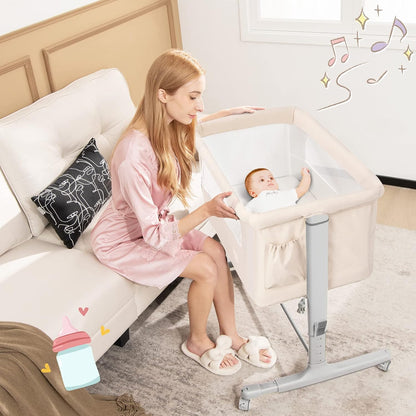 BABY JOY Bassinet Bedside Sleeper, 3 in 1 Folding Crib w/Adjustable Height, Mattress, Lockable Wheels, Storage Pocket & Carry Bag for Infant Newborn, Stationary & Rock, Portable Baby Bassinet (Grey)