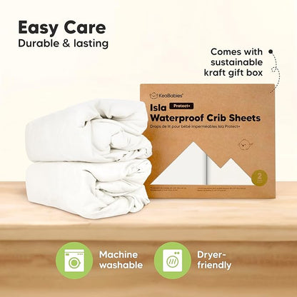 KeaBabies 2-Pack Waterproof Baby Crib Sheets for Boys,Girls -52x28 Viscose Derived from Bamboo Toddler Bed Sheet Neutral,Fitted Crib Mattress Protector Cover for Baby Bedding,Soft & Gentle(Soft White)