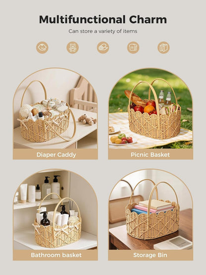 Diaper Caddy Organizer, Hand Rattan Scalloped Diaper Caddy Changing Table Organizer, Wicker Nursery Bakset Picnic Basket Household Organizer, Beige TB31