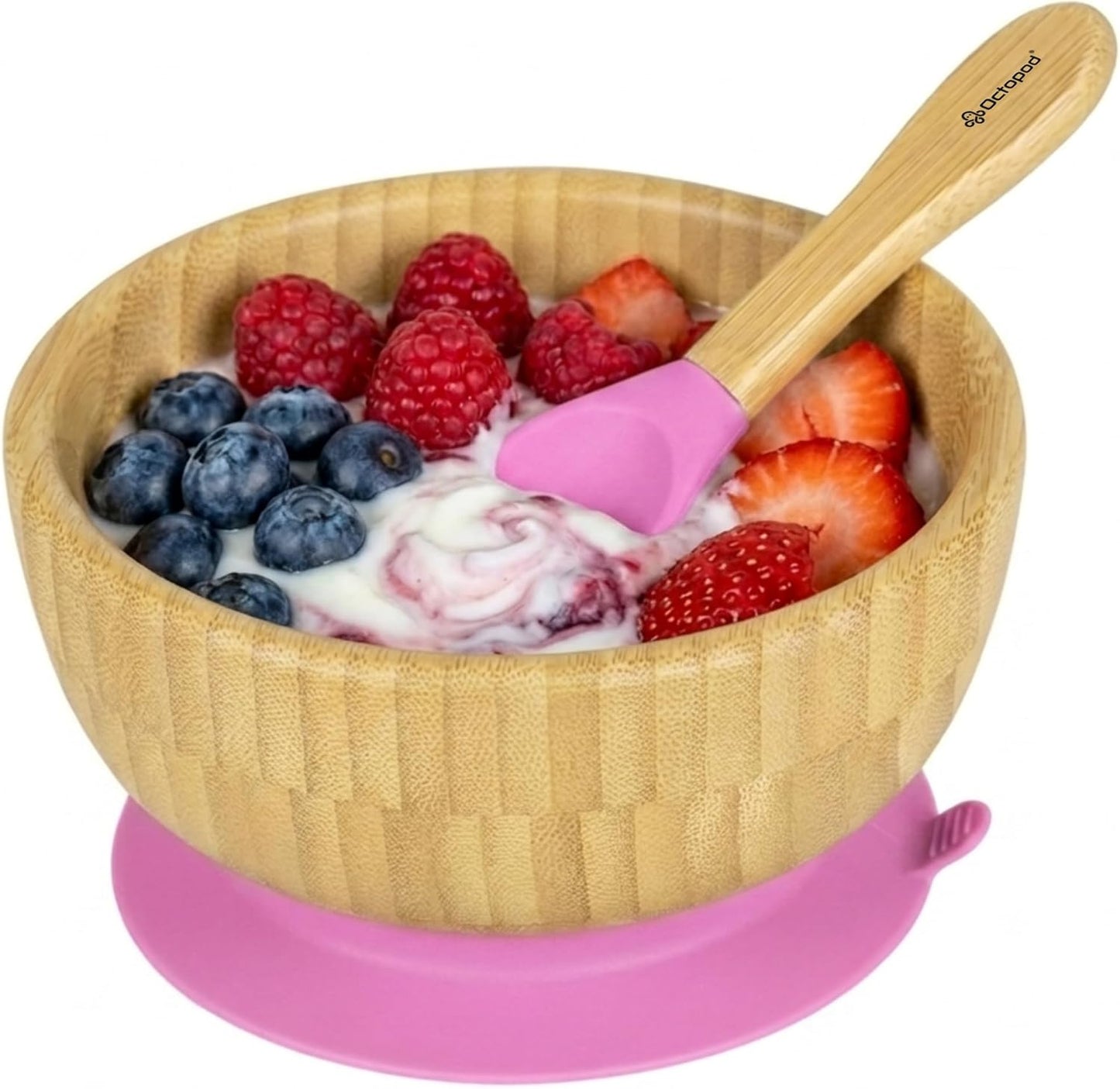 Abiie Octopod Bamboo Baby Bowl Set for 4 Months and Up – Mess-Free High Chair Suction Bowl with Spoon for Toddlers and Kids - Ergonomic Baby Feeding Essentials - 5.7" x 3" x 5.7" - Pink