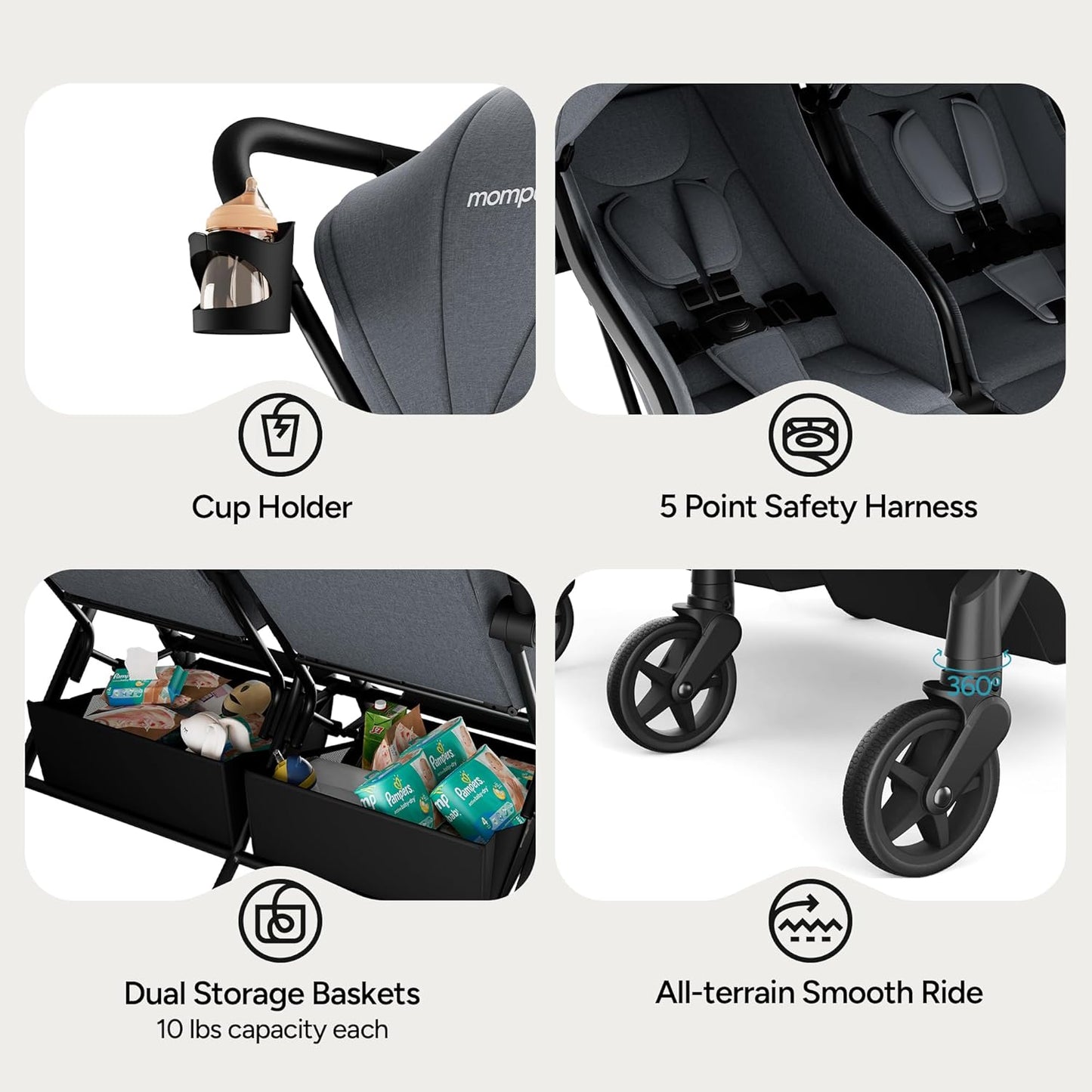 Mompush Lithe Double Stroller for Infant and Toddler, Lightweight Side by Side Twin Stroller, Only 25 lbs, 30-Inch Slim Fit Through Doorways, One-Step Fold, Independent Recline, UPF 50+ Canopy