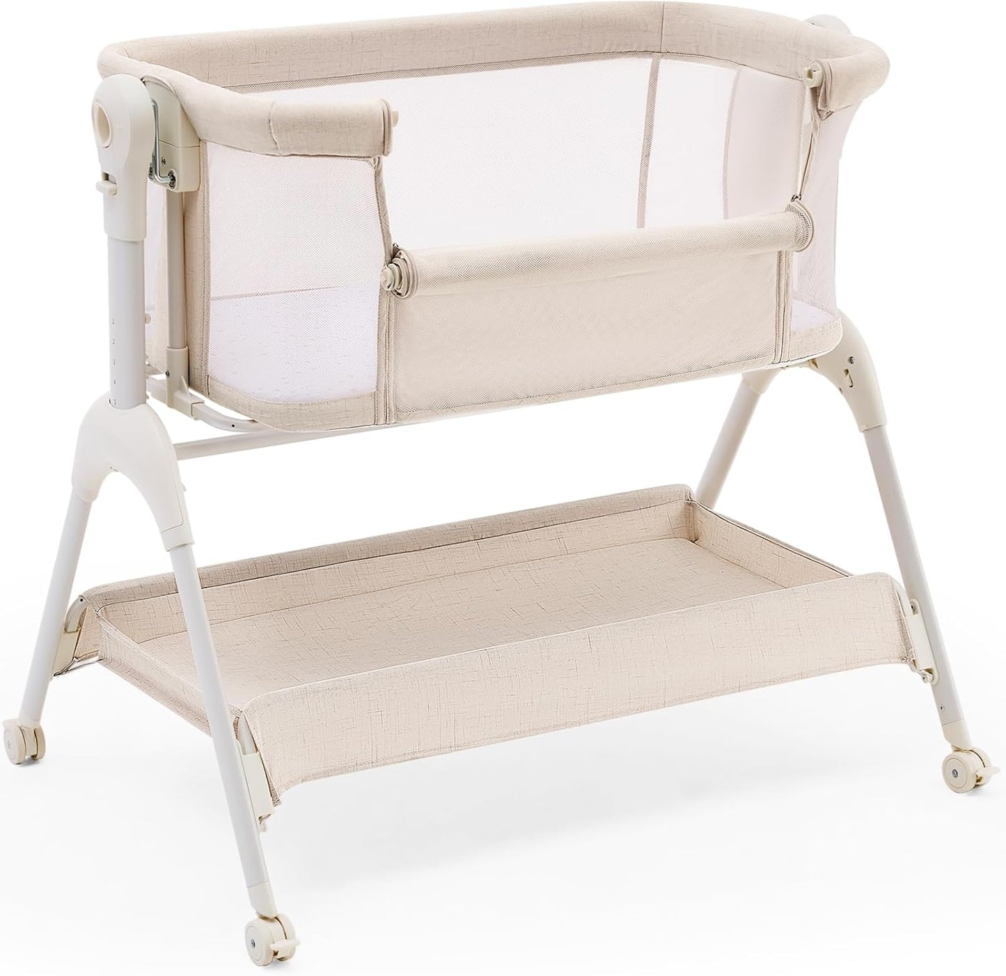 HARPPA Cuddly Sway Baby Bassinet Bedside Sleeper, 3 in 1 Rocking Bassinet with Mattress and Soft Cover, Full Mesh Sides, 5 Height Adjustable with Wheels for Newborns, Beige