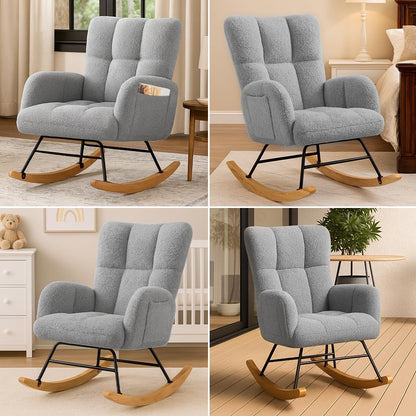 COMHOMA Nursery Rocking Chair with Ottoman,Teddy Glider Rocking Chair,Accent Chair with High Backrest Reading Chair for Adult,Nursery,Bedroom,Living Room,Offices(Beige with Ottoman)