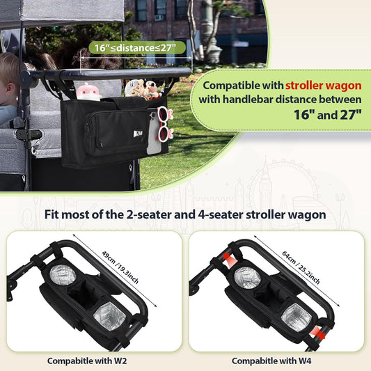 ZZM Parent Console Stroller Wagon Organizer Compatible with WONDERFOLD W2&W4&X, Jeep Deluxe Wrangler, EVER ADVANCED Wagon, Wagon Stroller Accessories with 2 Large Insulated Cup Holder(Empty Bag)