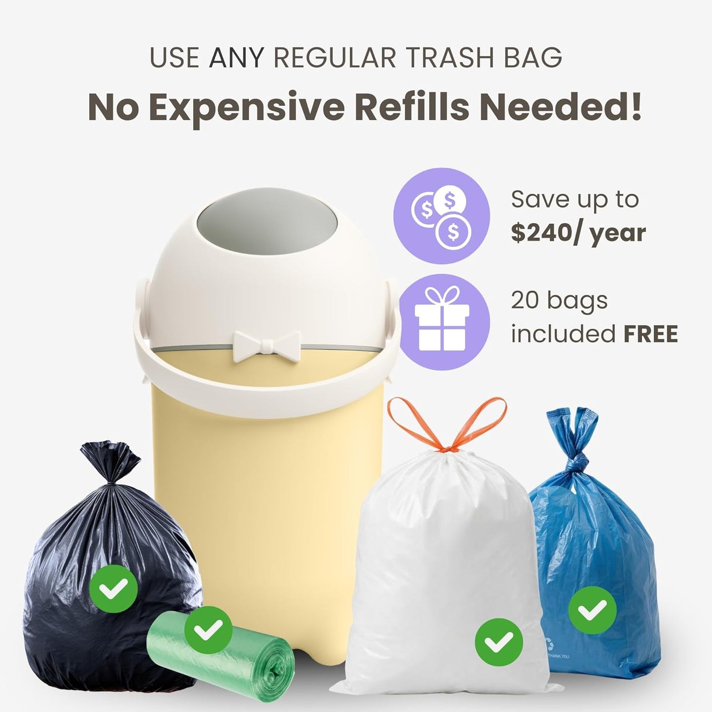 iTouchless Odor-Locking Diaper Pail - 2026 Award-Winning Ag+ Silver Ion Nursery Bin - Fits Any Bag, No Refills Needed - Includes 20 Leak-Proof Bags (Hold 300 Diapers) - Boho White Baby Registry Gift