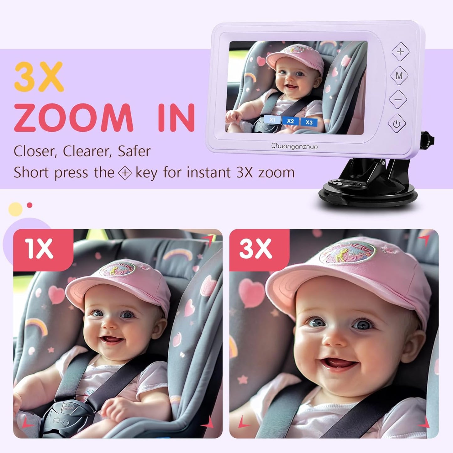 Baby Car Camera USB with No.1 Clarity, 5'' HD 1080P IPS Baby Car Monitor with 3X Zoom, Backseat/Carseat/Rear Seat Camera with Ultra Night Vision, Easy No-Damage Install, S100P(5inch Black)