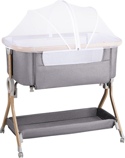 Larex Baby Bassinet Bedside Sleeper Crib Co Sleeper for Newborn Infant Toddler with Mosquito Net, Storage Bag & Basket, 5-Height Adjustable, Movable Wheels, Breathable Mattress & Mesh (Dark Gray)