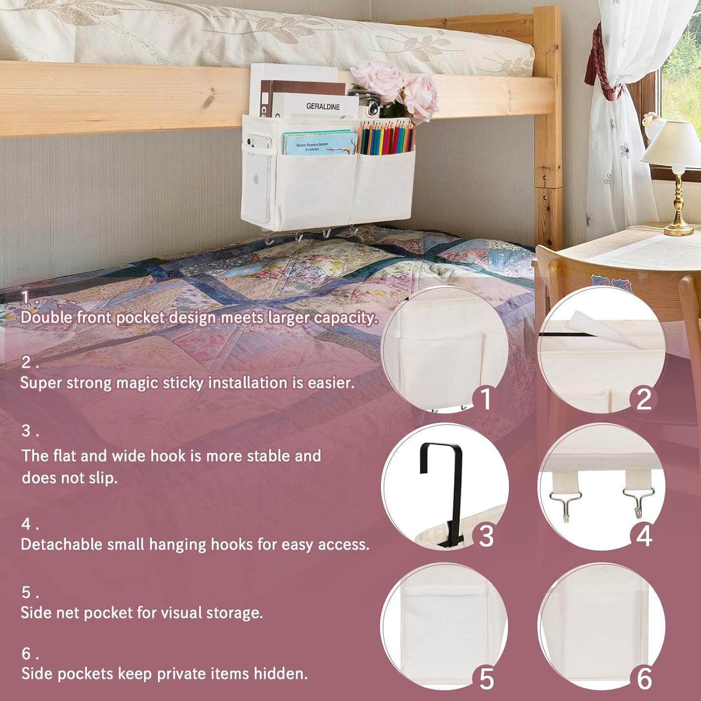 Bedside Storage Organizer 5 Pockets with 4 Hooks Hanging Storage Bag for Headboards/Bunk Bed (Pink)