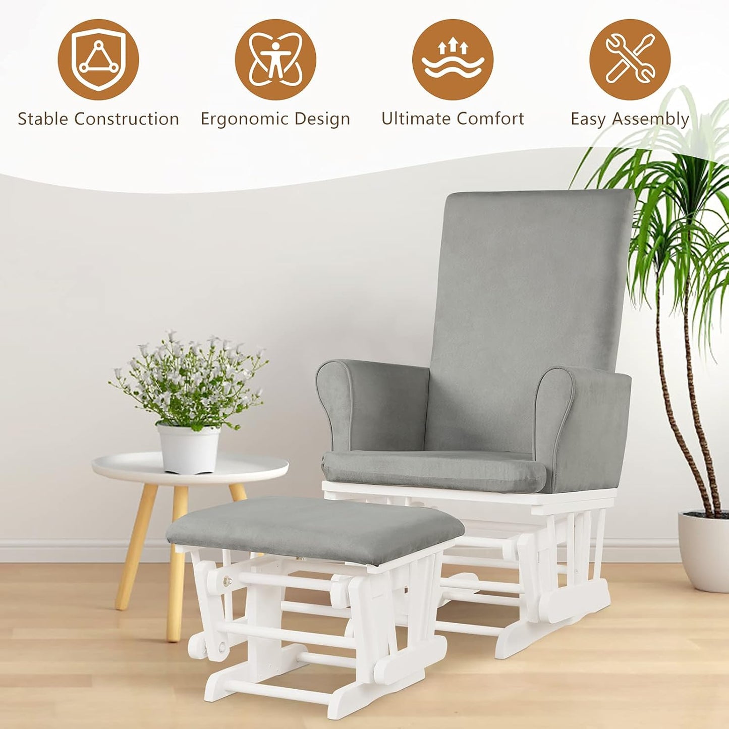 Costzon Baby Glider and Ottoman Cushion Set, Wood Baby Rocker Nursery Furniture for Napping, Nursing, Reading, Upholstered Hoop Glider & Ottoman Comfort Nursery Chair w/Padded Armrests (Pink)