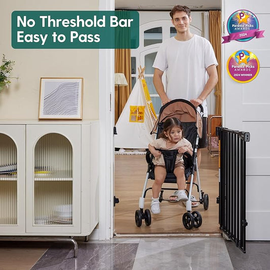 Babelio Baby Gate for Stairs, Kitchen & Doorways, No Bottom Bar| One-Handed Operation| Auto-Close| Hardware Mount (Drill Needed) Safety Dog/Pet Gate (Black - B17, 26-43" W, 28" H)