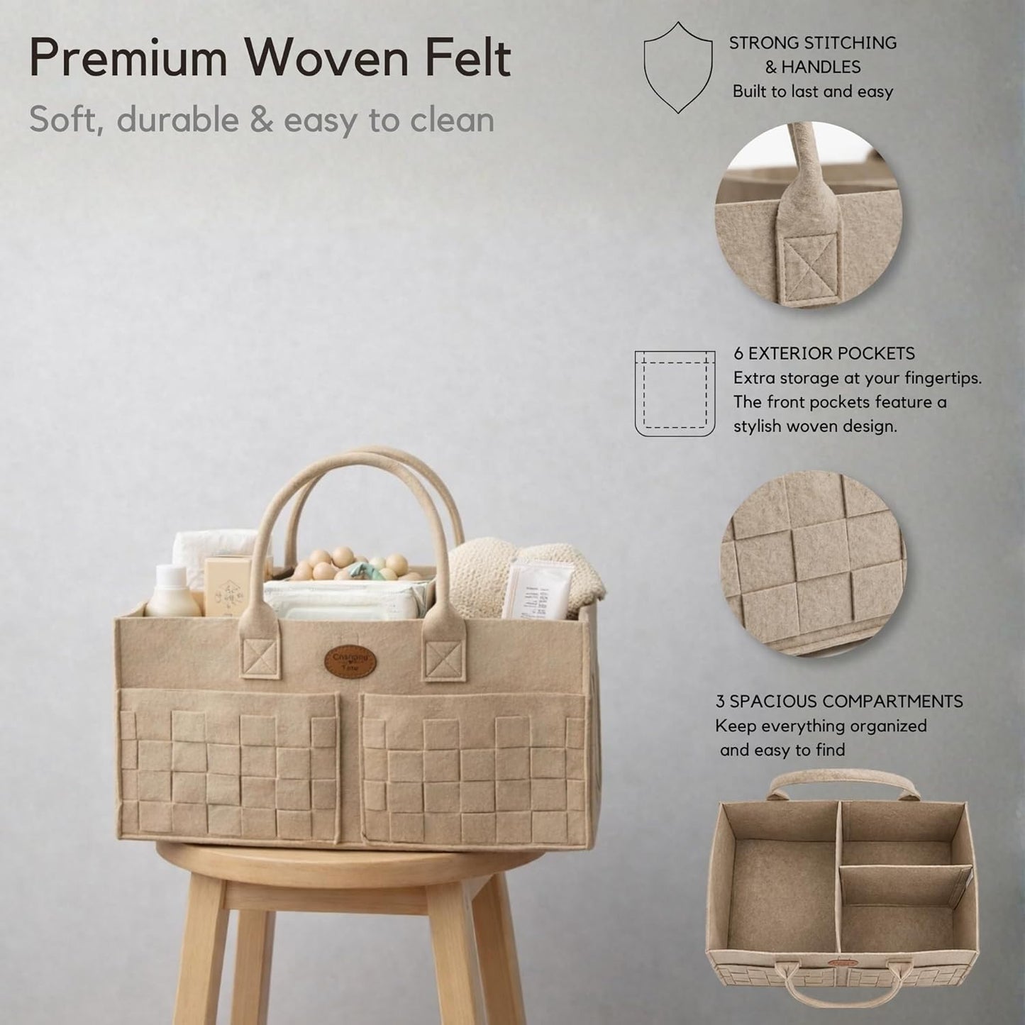 Baby Diaper Caddy Organizer for Nursery – Large Felt Storage Basket for Baby Essentials, Wipes & Diapers – Portable Nursery Organizer Bin for Changing Table or Living Room Light Grey