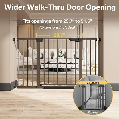 Cumbor 29.7–51.5" Extra Wide Baby Gate for Stairs, Pressure-Mounted Dog Gates for Doorways & Hallways, Auto-Close Walk-Through, No-Trip Design, Child Proof Safety, Dog/Pet Gate for Indoor Use, Brown