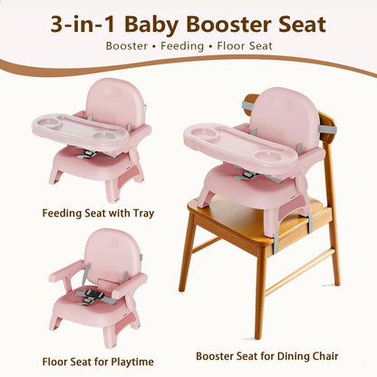 Booster Seat for Kitchen Chair, 3-in-1 Foldable & Portable Booster Seat with Tray, Extra Dishwasher-Safe Tray, Safety Straps for 6–18M (Up to 30 lbs), for Dining Table, Travel & Camping, Gray