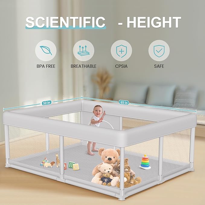 Hiaksedt Large Baby Playpen 65x50 Inch, PlayPen for Babies and Toddlers, Sturdy Safety Play Yard for Indoor & Outdoor with Zipper Gate