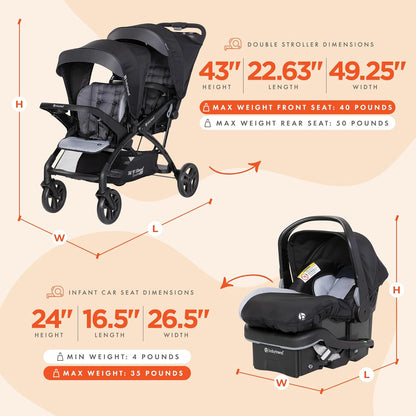 Baby Trend Sit N' Stand Tandem Double Stroller 2.0 DLX and EZ-Lift Plus Car Seat Set with 5 Point Safety Harnesses and Cozy Cover, Modern Khaki