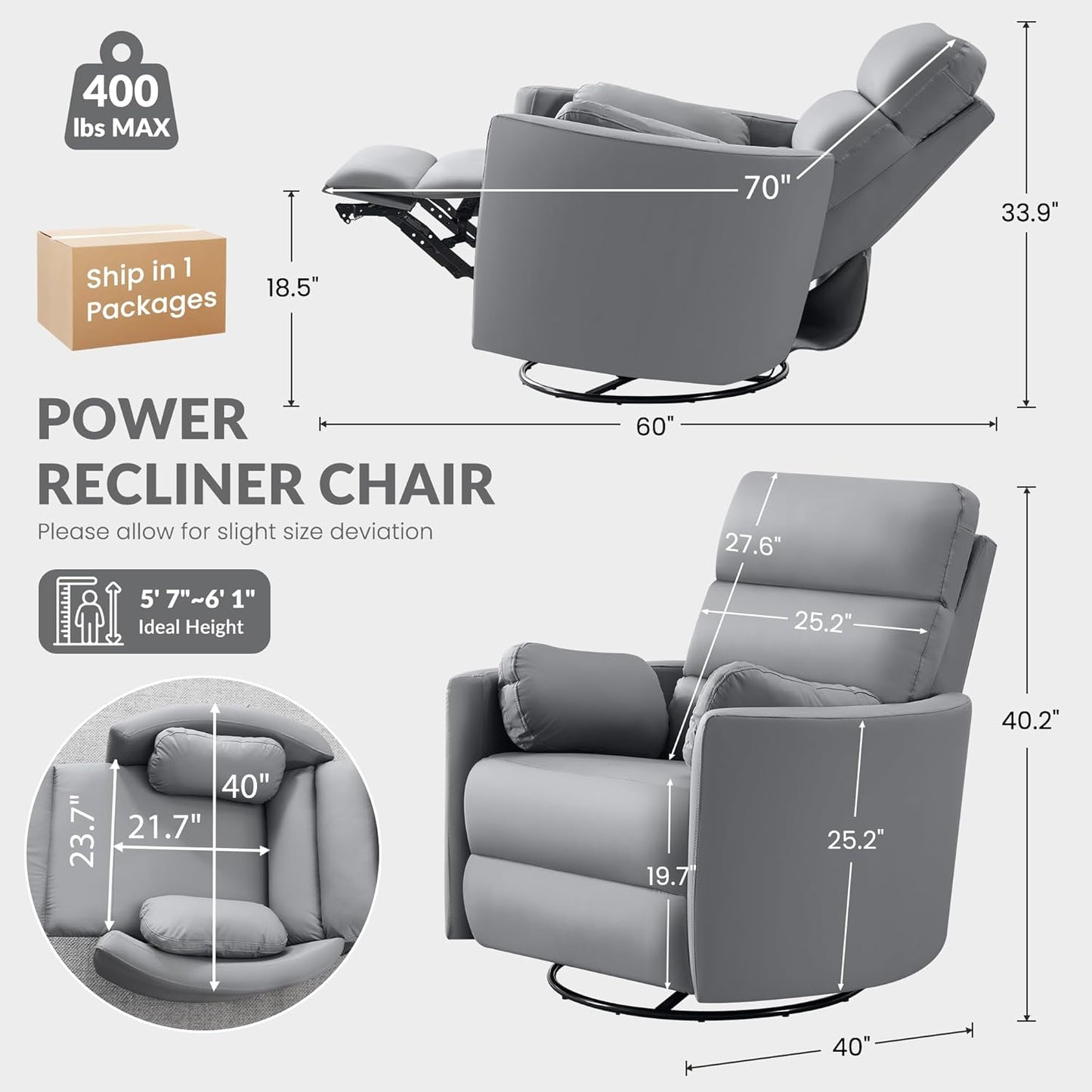 GRAINELL Oversize Power Swivel Recliner, 40in Wide Electric Glider Rocking Chair with Headrest Adjustment, USB Port, 270° Swivel, Rock 30° – for Living Room, Nursery, Black (5" 7' to 6" 1' Height)