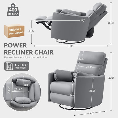 GRAINELL Oversize Power Swivel Recliner, 40in Wide Electric Glider Rocking Chair with Headrest Adjustment, USB Port, 270° Swivel, Rock 30° – for Living Room, Nursery, Black (5" 7' to 6" 1' Height)