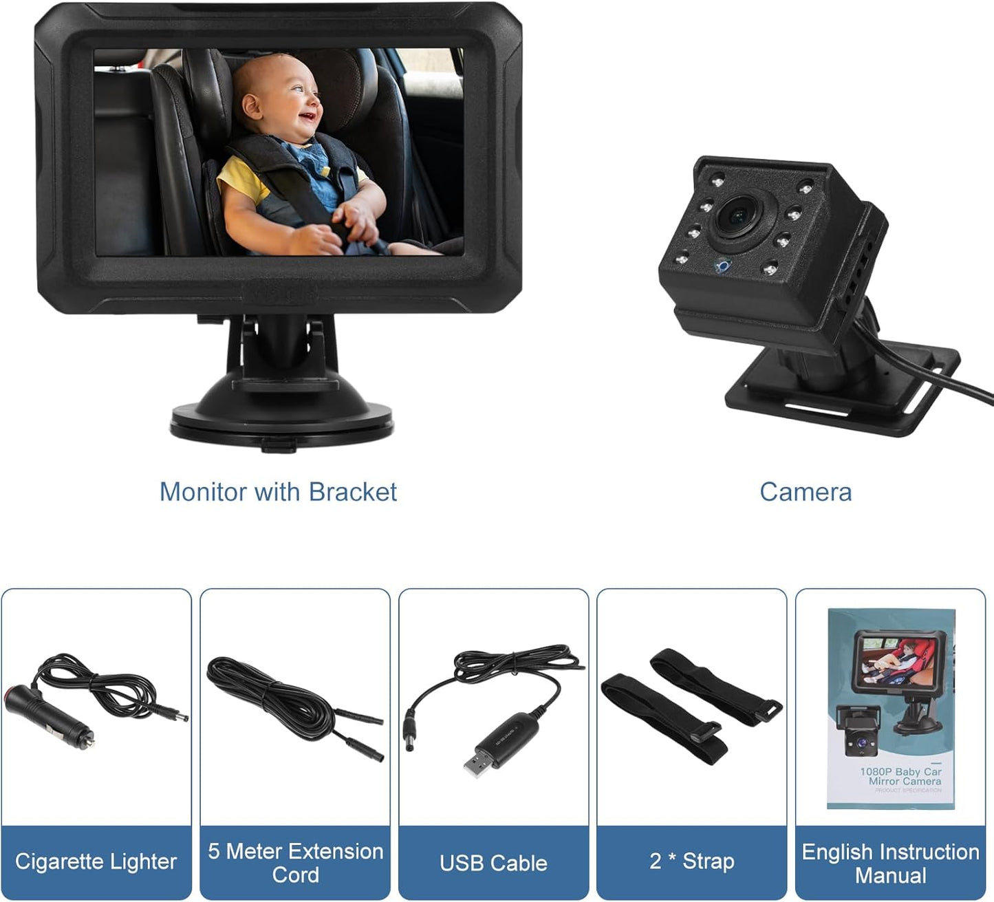 Shkalacar Baby Car Camera 4.3" HD Night Vision Baby Car Mirror- 1080P Night Vision Rear Facing Baby Monitor, 150° Wide View Angle for Infants Kids Pets with Camera USB Plug
