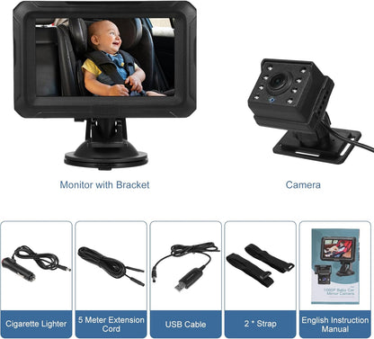 Shkalacar Baby Car Camera 4.3" HD Night Vision Baby Car Mirror- 1080P Night Vision Rear Facing Baby Monitor, 150° Wide View Angle for Infants Kids Pets with Camera USB Plug